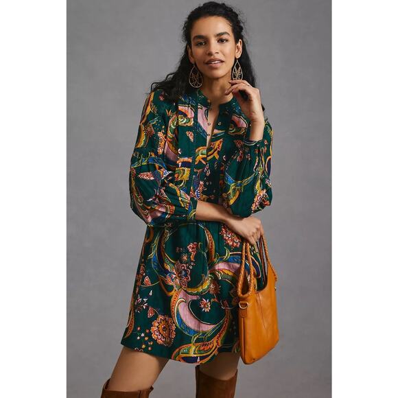 Anthropologie Floral Tunic Mini Dress Sz MP Button Tie Back Boho Prairie Vacay - Picture 1 of 16